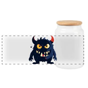 little naughty monster with horns sharp teeth - Panoramic Cookie Jar with Wooden Lid - white - Front