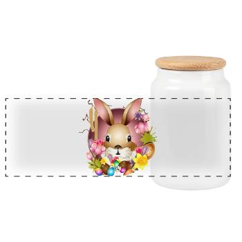 Entzückender Osterhase mit österlicher Deko - Panorama Keksdose mit Holzdeckel - Weiß - Vorne