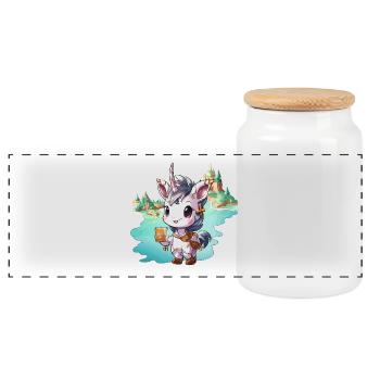 Small Unicorn with Book by the Lake - Panoramic Cookie Jar with Wooden Lid - white - Front