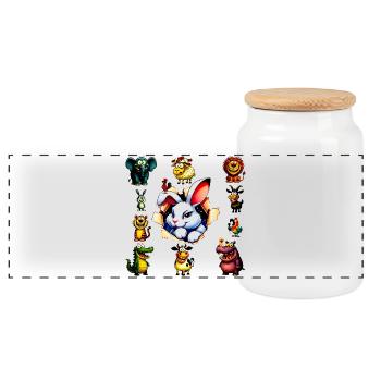 Happy Cartoon Animals Bunny Design - Panoramic Cookie Jar with Wooden Lid - white - Front