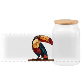 Toucan in Glass Mosaic Style Artful Bird Design - Panoramic Cookie Jar with Wooden Lid - white - Front