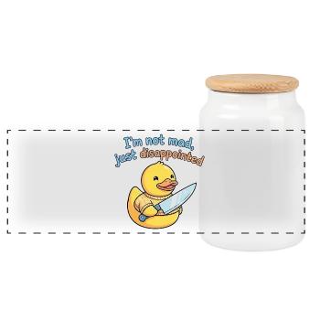 Disappointed duck with knife - Panoramic Cookie Jar with Wooden Lid - white - Front