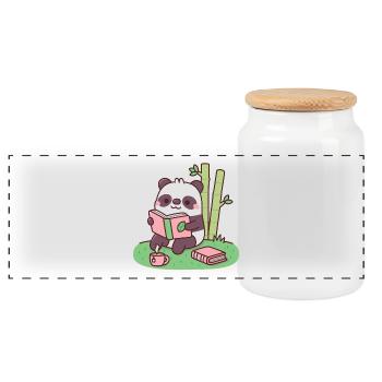 Süßer Panda liest ein Buch in der Nähe von Bambuspflanzen - Panorama Keksdose mit Holzdeckel - Weiß - Vorne