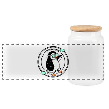 Schwarzer Pinguin in Mint-Brille 2026 - Panorama Keksdose mit Holzdeckel - Weiß - Vorne