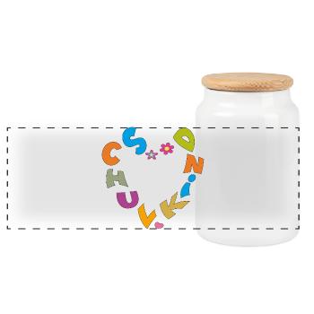 Schulkind mit bunten Buchstaben Herz und Blumen - Panorama Keksdose mit Holzdeckel - Weiß - Vorne