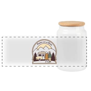 Ruhiger Caravanurlaub im Gebirge - Panorama Keksdose mit Holzdeckel - Weiß - Vorne