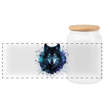 Wolf Watercolor – Color Splash - Panoramic Cookie Jar with Wooden Lid - white - Front