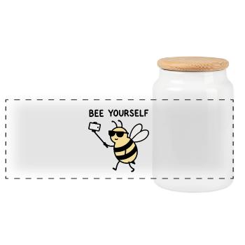 Selfie Bee with Sunglasses - Bee Yourself - Panoramic Cookie Jar with Wooden Lid - white - Front