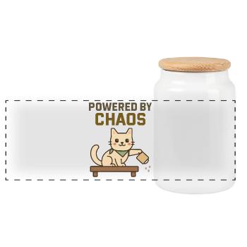 Powered by Chaos - Freche Katze wirft Kaffee um - Panorama Keksdose mit Holzdeckel - Weiß - Vorne
