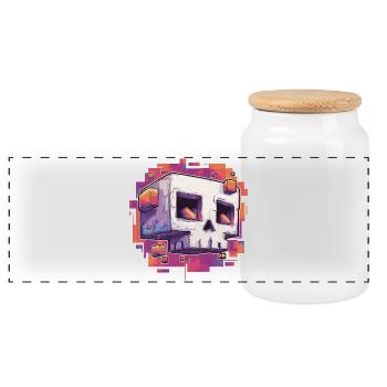 Pixel Skull – Anime Manga Digital Motiv - Panorama Keksdose mit Holzdeckel - Weiß - Vorne