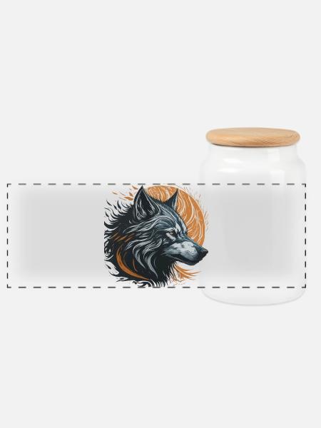 Schwarzer Wolf unter dem goldenen Mond - Panorama Keksdose mit Holzdeckel - Weiß