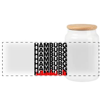 HAMBURG SKYLINE, HAMBURGLIEBE HAFENPANORAMA - Panorama Keksdose mit Holzdeckel - Weiß - Vorne