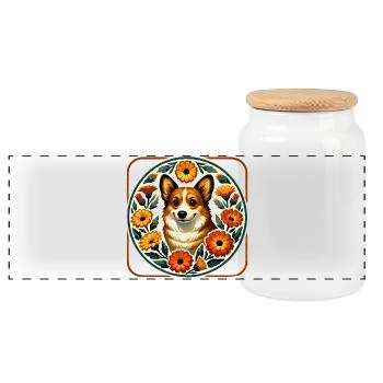 Corgi Floral Circle Folk Art - Panoramic Cookie Jar with Wooden Lid - white - Front