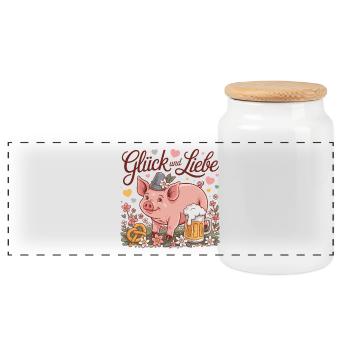 Glück und Liebe Schwein mit Bier - Panorama Keksdose mit Holzdeckel - Weiß - Vorne