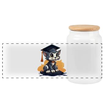 Kitten with cap - Panoramic Cookie Jar with Wooden Lid - white - Front