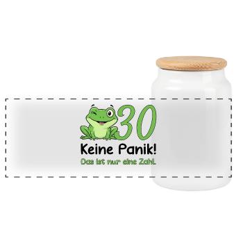 30 Geburtstag Design – Keine Panik! Lustig Frosch - Panorama Keksdose mit Holzdeckel - Weiß - Vorne