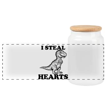 I Steal Hearts – Funny Dinosaur Saying - Panoramic Cookie Jar with Wooden Lid - white - Front