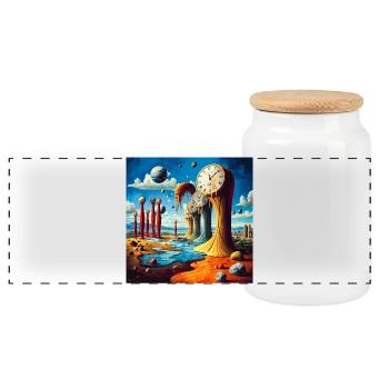 Melting Bells Surreel Landscape - Panoramic Cookie Jar with Wooden Lid - white - Front
