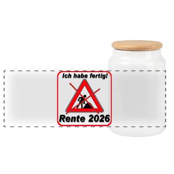 Ich habe fertig , Rente 2026 - Panorama Keksdose mit Holzdeckel - Weiß - Vorne
