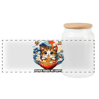 Ramen Noodles Cat Lover Retro Kawaii Cats - Panoramic Cookie Jar with Wooden Lid - white - Front