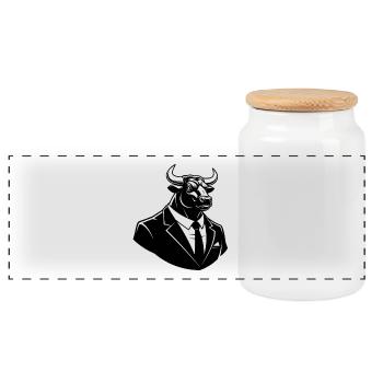 Bull in a Suit – Business Animal Motif - Panoramic Cookie Jar with Wooden Lid - white - Front