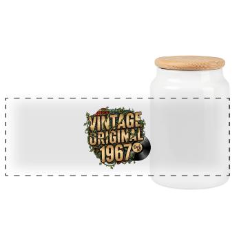 Vintage Original 1967 - Panoramic Cookie Jar with Wooden Lid - white - Front