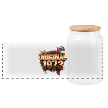 Original 1973 Retro - Panoramic Cookie Jar with Wooden Lid - white - Front