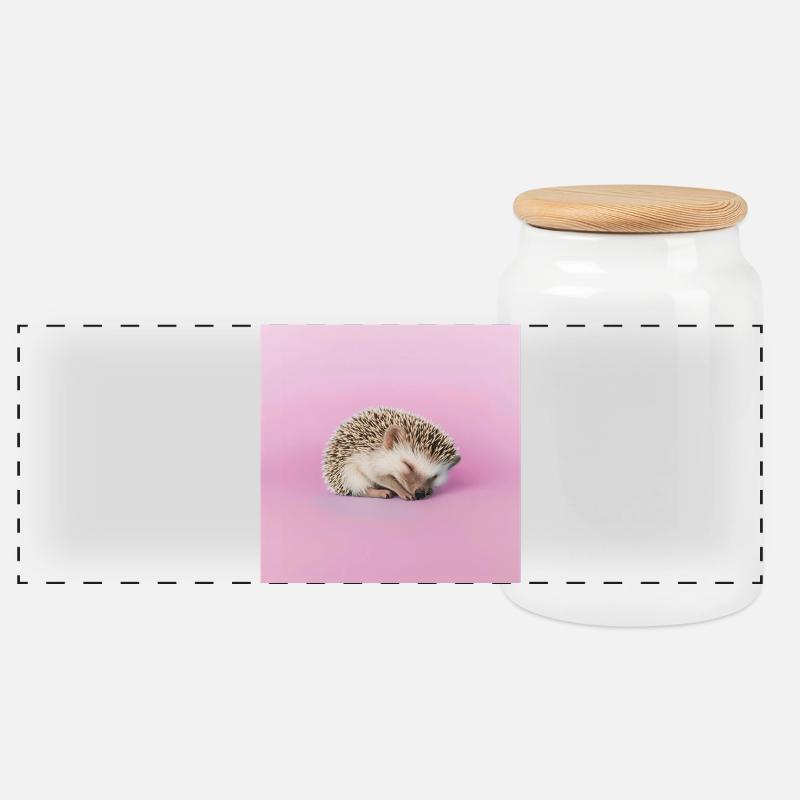 Sleeping hedgehog on pasty pink background - Panoramic Cookie Jar with Wooden Lid - white