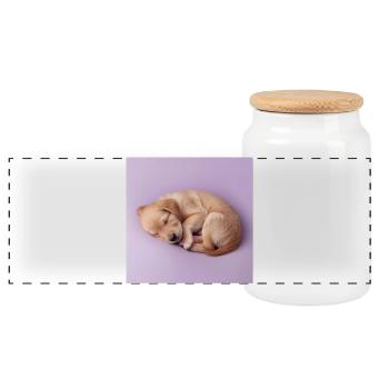 Sleeping Puppy on Lilac Background - Panoramic Cookie Jar with Wooden Lid - white - Front