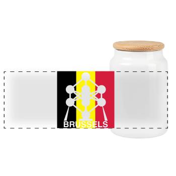 Brussels Atomium – Belgian Flag Square Icon - Panoramic Cookie Jar with Wooden Lid - white - Front