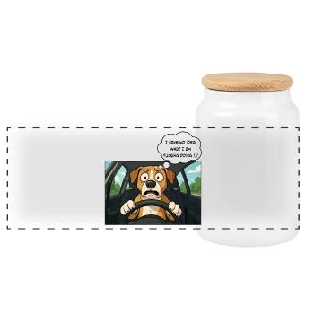 Chien de dessin animé au volant, conducteur débutant - Boîte à biscuits avec couvercle en bois - blanc - Devant