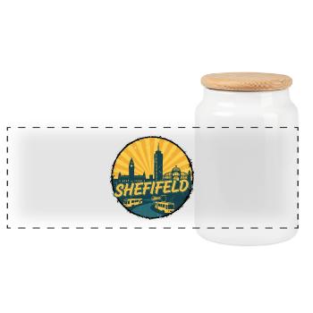 Sheffield City Skyline Vintage Tram Badge - Panoramic Cookie Jar with Wooden Lid - white - Front