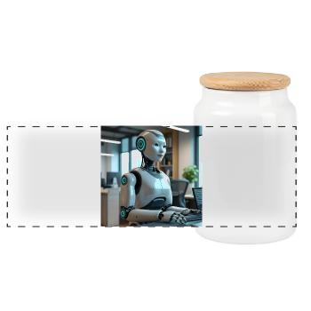 Humanoider Roboter im blauen Büro - Panorama Keksdose mit Holzdeckel - Weiß - Vorne