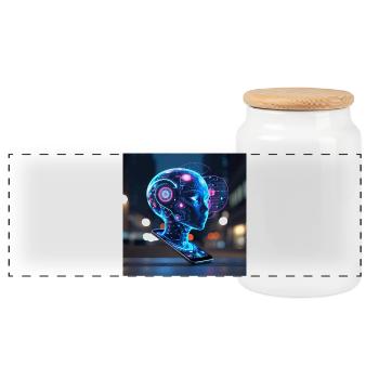 Neon Holographic AI Portrait - Panoramic Cookie Jar with Wooden Lid - white - Front