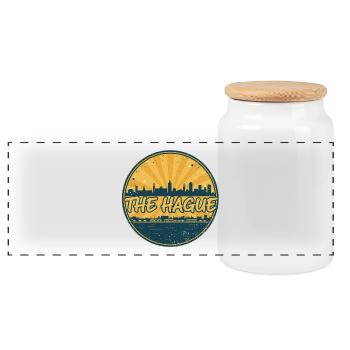 Die Haager Stadtsilhouette Vintage-Abzeichenkunst - Panorama Keksdose mit Holzdeckel - Weiß - Vorne
