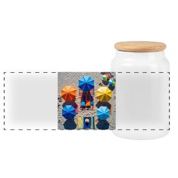 Colorful retreat on the beach - Panoramic Cookie Jar with Wooden Lid - white - Front