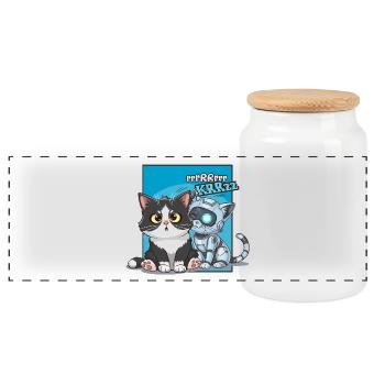 Chat et robot, humour, cartoon, bd - Boîte à biscuits avec couvercle en bois - blanc - Devant