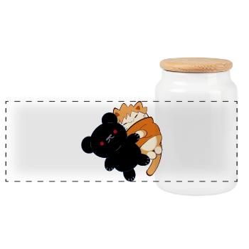 Anime Design Cute Red Cat with Teddy Bear - Panoramic Cookie Jar with Wooden Lid - white - Front