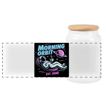 Morning Orbit: Astronaut Coffee - Panoramic Cookie Jar with Wooden Lid - white - Front