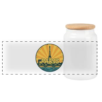 Paris City Skyline Eiffel Tower Retro Sunset Badge - Panoramic Cookie Jar with Wooden Lid - white - Front