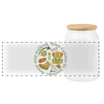 Buen Camino Never Stop Walking in Camouflage - Panoramic Cookie Jar with Wooden Lid - white - Front