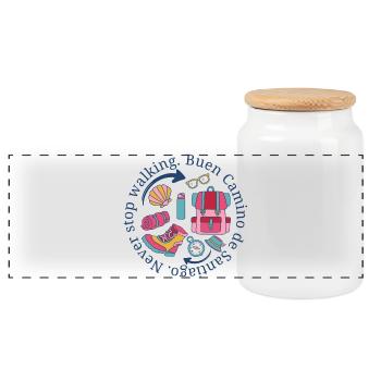 Buen Camino de Santiago Never Stop Walking Emblem - Panorama Keksdose mit Holzdeckel - Weiß - Vorne