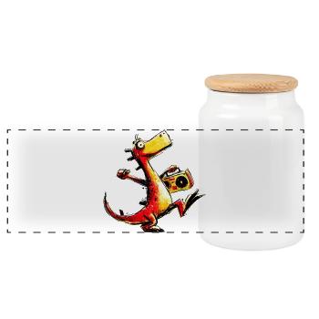 Cool Retro Dino Boombox Design - Panoramic Cookie Jar with Wooden Lid - white - Front