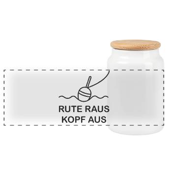 Rute raus Kopf aus – Angel Motiv - Panorama Keksdose mit Holzdeckel - Weiß - Vorne
