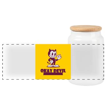 D’accord, mascotte Devil sur jaune - Boîte à biscuits avec couvercle en bois - blanc - Devant