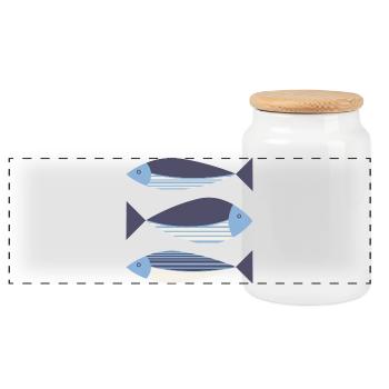 Illustrierte Grafik: Fisch dunkelblau - Panorama Keksdose mit Holzdeckel - Weiß - Vorne
