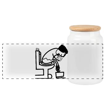 Funny man on toilet toilet humor - Panoramic Cookie Jar with Wooden Lid - white - Front