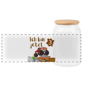 I'm Now 3 – Monster Truck Birthday Shirt - Panoramic Cookie Jar with Wooden Lid - white - Front