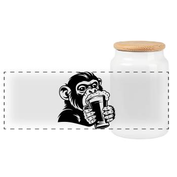 Singe décontracté avec un verre - Boîte à biscuits avec couvercle en bois - blanc - Devant