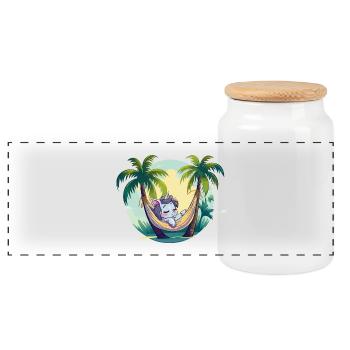 Sleeping unicorn in palm tree paradise - Panoramic Cookie Jar with Wooden Lid - white - Front